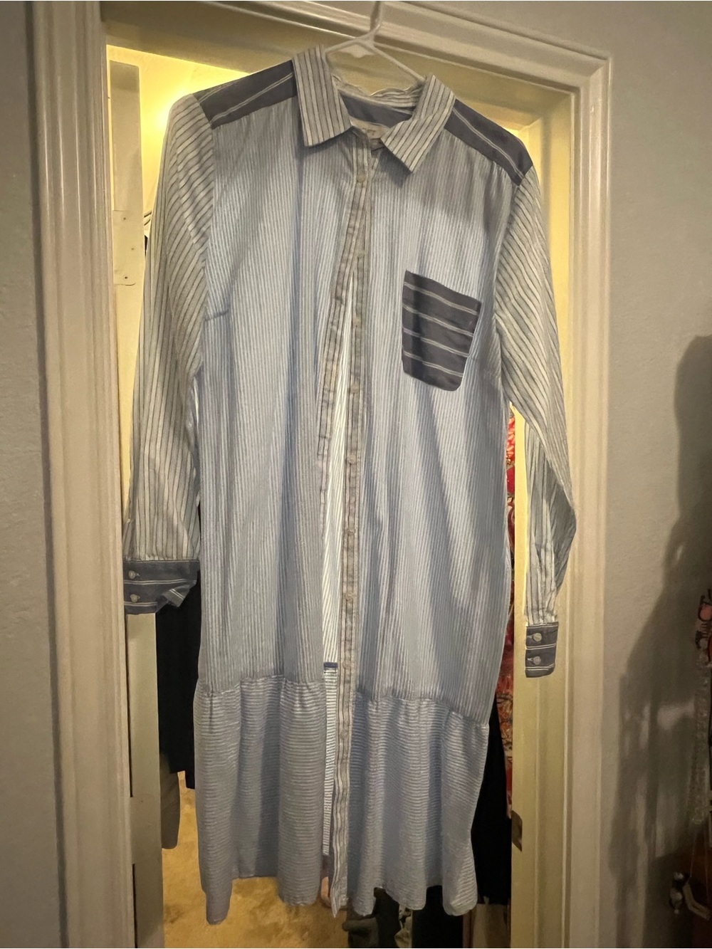 LOFT Light Blue and White Striped Long Sleeve Shirt Dress